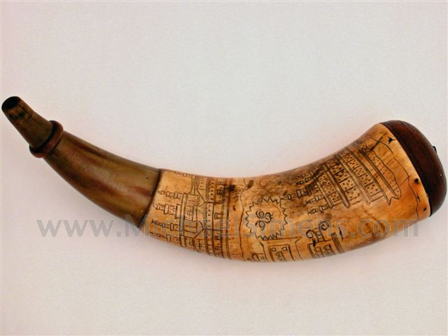 ORIGINAL CARVED POWDER HORN, FRENCH AND INDIAN WAR