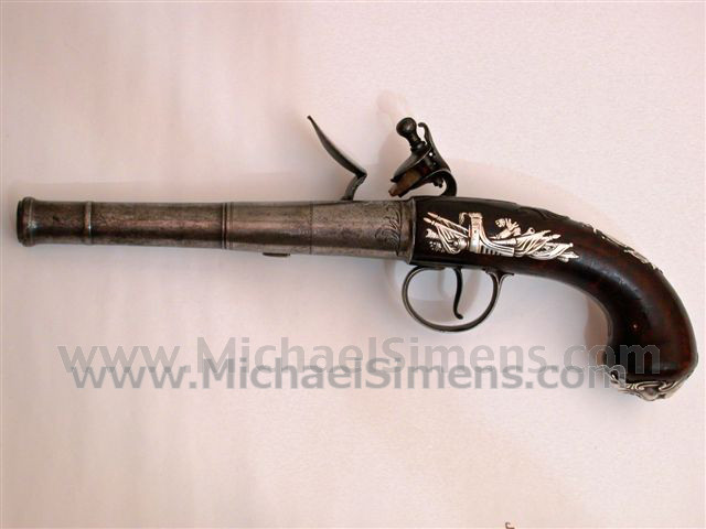 QUEEN ANNE STYLE SILVER-MOUNTED OFFICERS PISTOL.