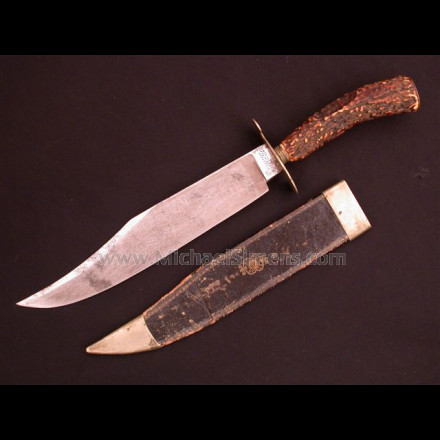 ANTIQUE BOWIE KNIFE BY TILLOTSON WITH PATRIOTIC AND CALIFORNIA MOTIFS.