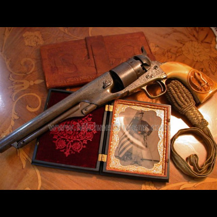 FACTORY ENGRAVED COLT 1860 ARMY REVOLVER WITH RAISED CARVED IVORY GRIPS.