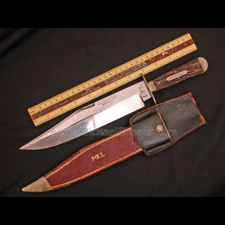ANTIQUE BOWIE KNIFE BY GEORGE WOLSTENHOLM, INSCRIBED AND IDENTIFIED TO A CIVIL WAR CAPTAIN FROM MASSACHUSETTS.
