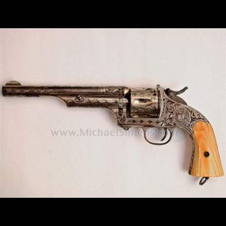 MERWIN & HULBERT SINGLE ACTION REVOLVER, LARGE-FRAME, EARLY OPEN-TOP MODEL, FACTORY ENGRAVED WITH FACTORY IVORY GRIPS.