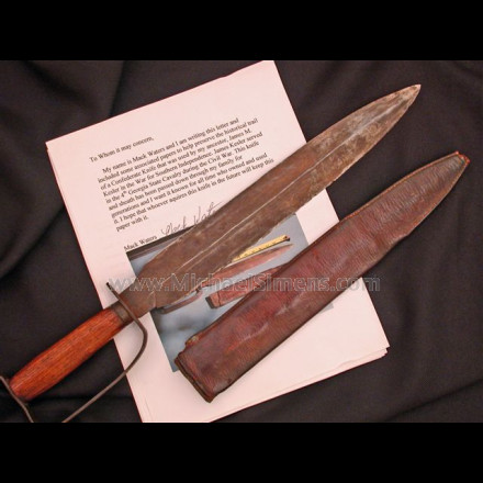 ORIGINAL, ANTIQUE CONFEDERATE D-GUARD BOWIE KNIFE WITH SCABBARD, IDENTIFIED BY FAMILY LETTER TO THE SOLDIER THAT USED IT.