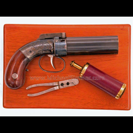 ANTIQUE PEPPERBOX PISTOL CASED WITH ACCESSORIES.
